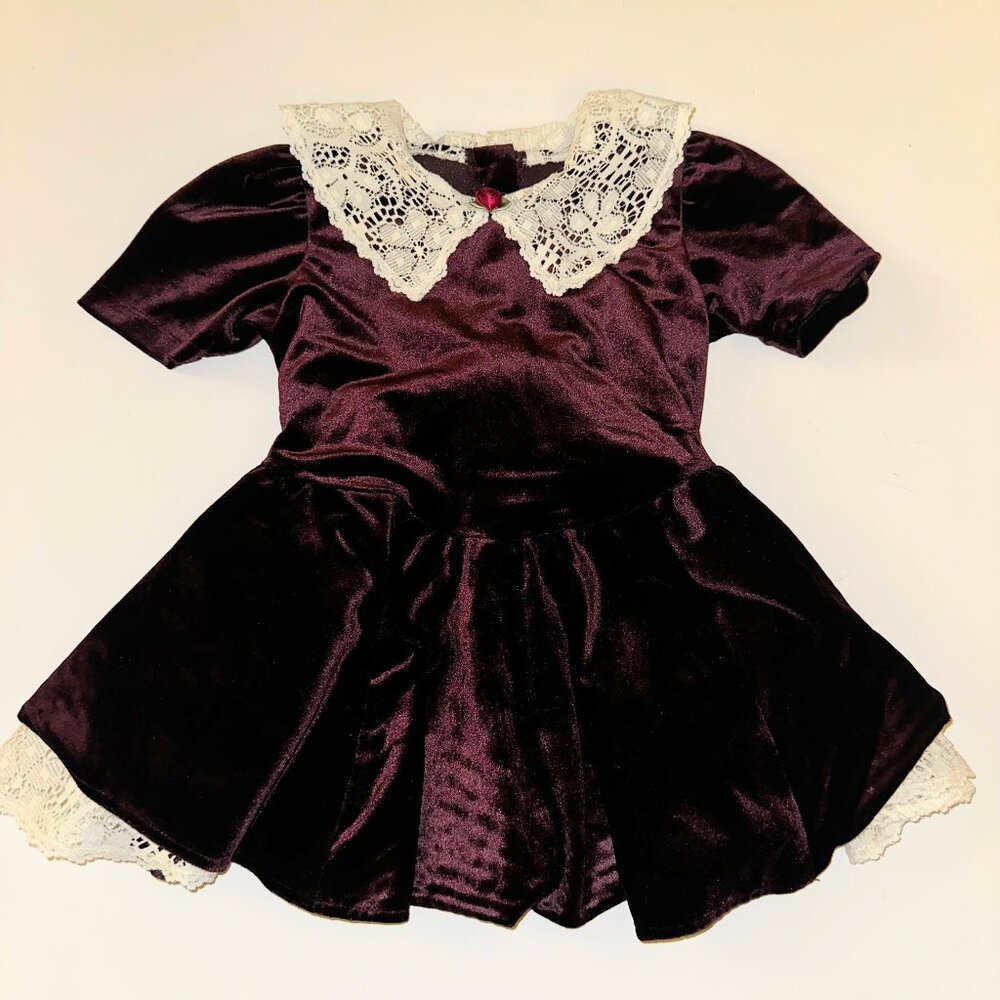 VINTAGE Girls Dress BURGUNDY VELOUR Short Sleeves LACE COLLAR sz 5 X-trordinary